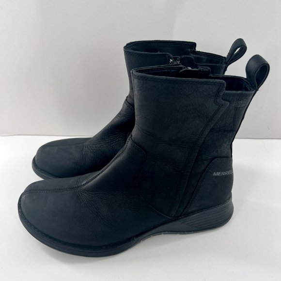 Merrell Travvy Black Leather Waterproof Boots Size 7.5 Bootie Mid Calf Size Zipp - Picture 3 of 14